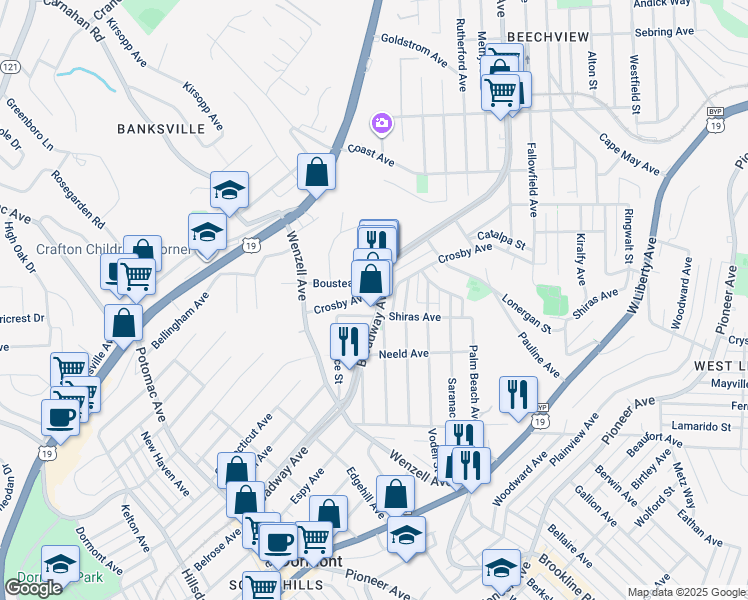 map of restaurants, bars, coffee shops, grocery stores, and more near 2732 Shiras Avenue in Pittsburgh