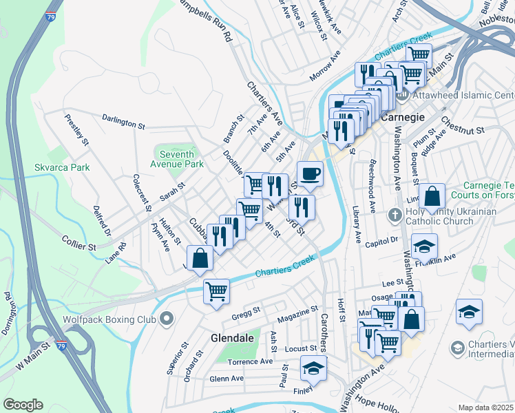 map of restaurants, bars, coffee shops, grocery stores, and more near 1 Logan Street in Carnegie