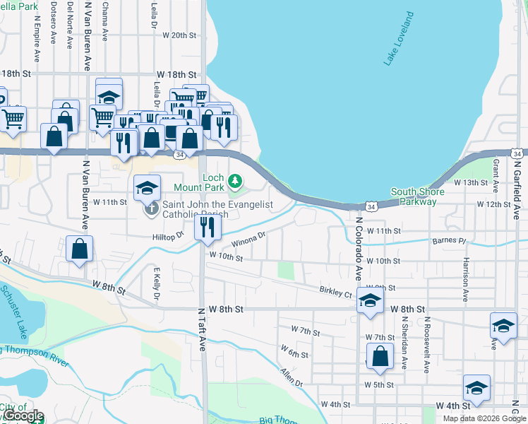 map of restaurants, bars, coffee shops, grocery stores, and more near 1100 North Taft Avenue in Loveland