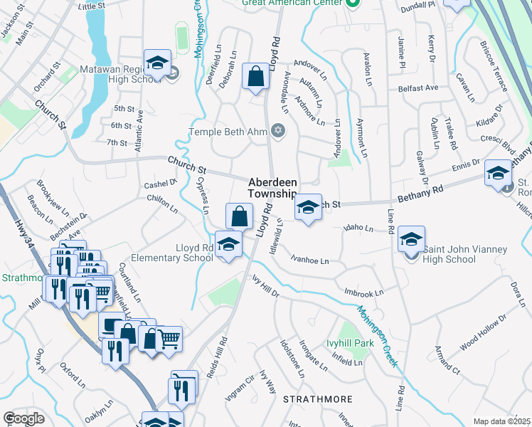 map of restaurants, bars, coffee shops, grocery stores, and more near Lloyd Road & Idlewild Lane in Matawan