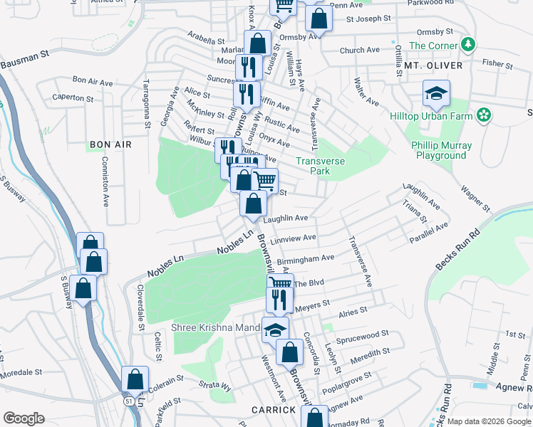 map of restaurants, bars, coffee shops, grocery stores, and more near 102 Laughlin Avenue in Pittsburgh