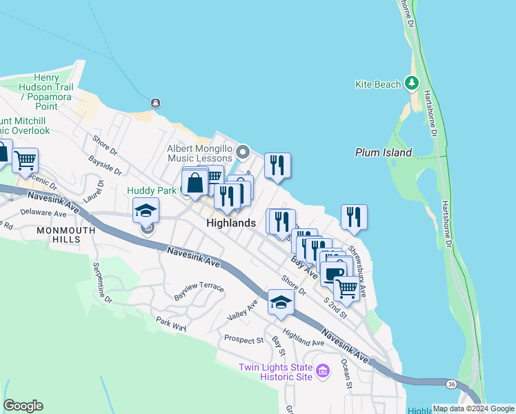 map of restaurants, bars, coffee shops, grocery stores, and more near 121 Marina Bay Court in Highlands