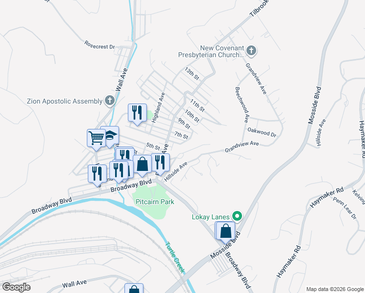 map of restaurants, bars, coffee shops, grocery stores, and more near 745 Mc Ginnis Avenue in Pitcairn