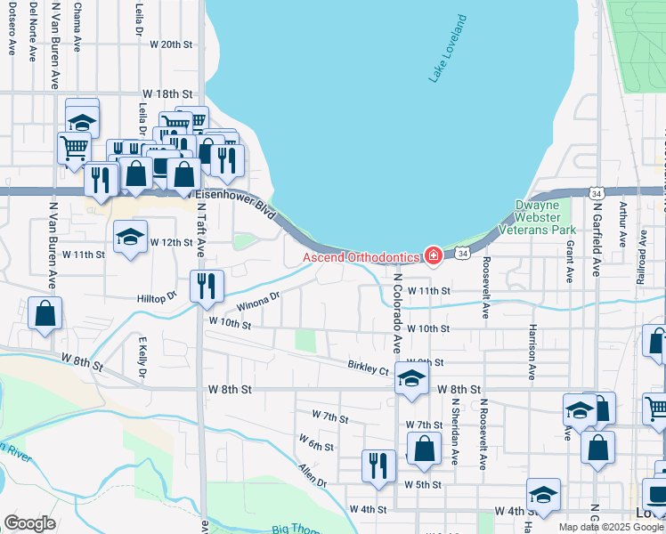 map of restaurants, bars, coffee shops, grocery stores, and more near 985 Winona Circle in Loveland