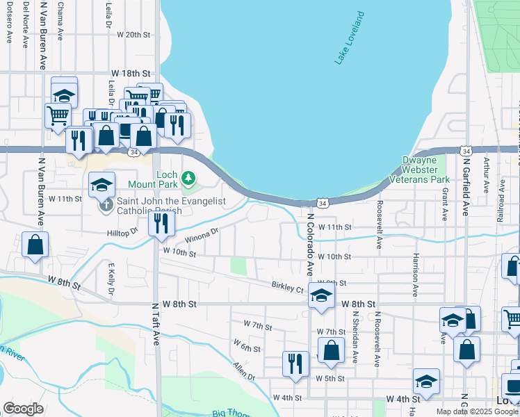 map of restaurants, bars, coffee shops, grocery stores, and more near 1012 Winona Circle in Loveland