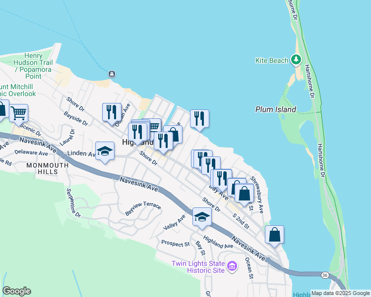 map of restaurants, bars, coffee shops, grocery stores, and more near 121 Marina Bay Court in Highlands