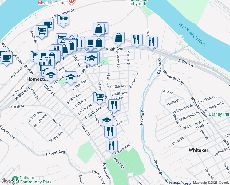 map of restaurants, bars, coffee shops, grocery stores, and more near 611 East 14th Avenue in Munhall