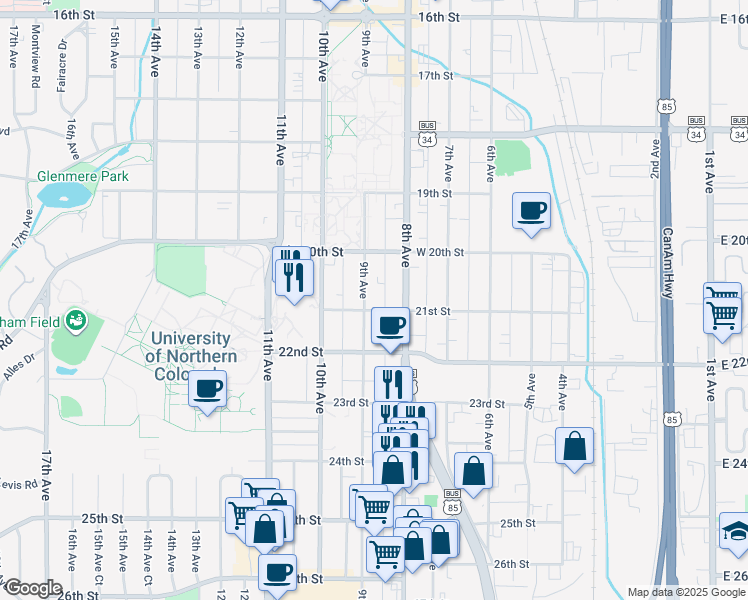 map of restaurants, bars, coffee shops, grocery stores, and more near 2100 9th Avenue in Greeley
