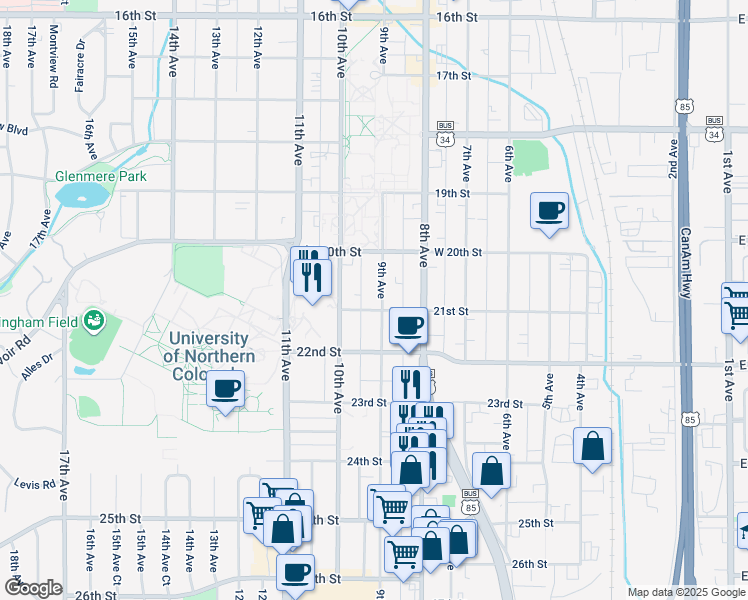 map of restaurants, bars, coffee shops, grocery stores, and more near 2100 9th Avenue in Greeley