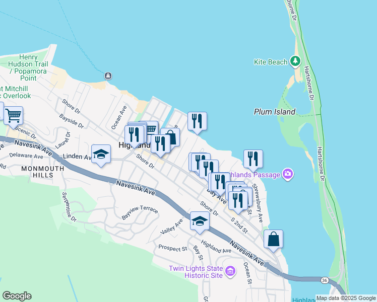 map of restaurants, bars, coffee shops, grocery stores, and more near 17 Atlantic Street in Highlands