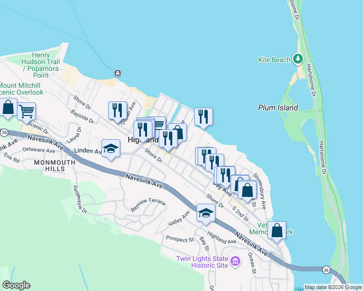 map of restaurants, bars, coffee shops, grocery stores, and more near 138 Marina Bay Court in Highlands