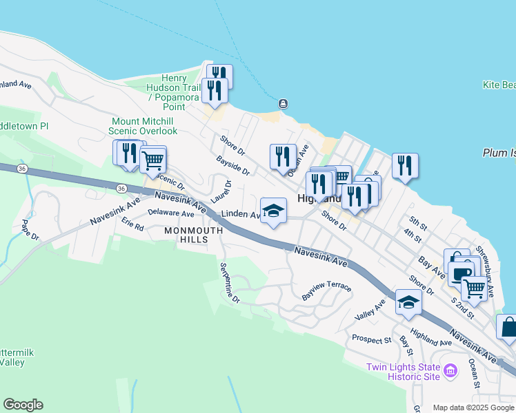 map of restaurants, bars, coffee shops, grocery stores, and more near 185 Linden Avenue in Highlands