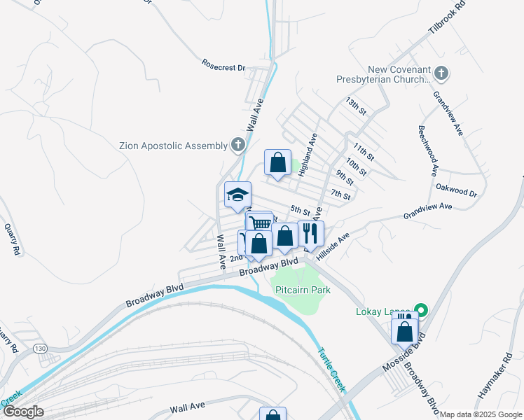 map of restaurants, bars, coffee shops, grocery stores, and more near 543 4th Street in Pitcairn