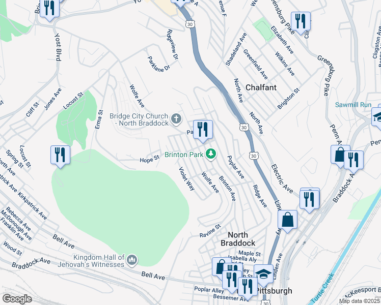 map of restaurants, bars, coffee shops, grocery stores, and more near 1413 Grant Street in Braddock