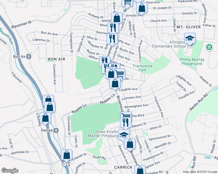 map of restaurants, bars, coffee shops, grocery stores, and more near 38 Minooka Street in Pittsburgh