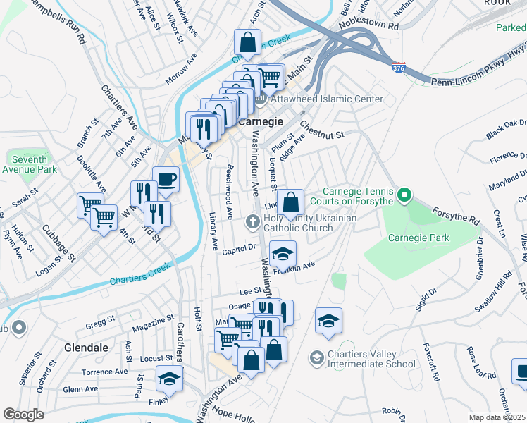 map of restaurants, bars, coffee shops, grocery stores, and more near 715 Washington Avenue in Carnegie