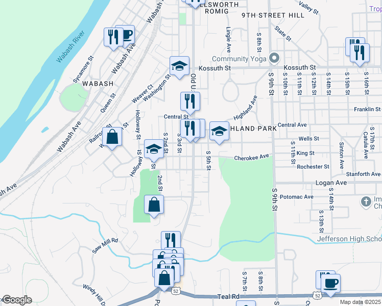 map of restaurants, bars, coffee shops, grocery stores, and more near 1304 South 4th Street in Lafayette