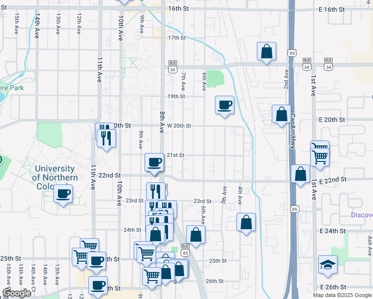 map of restaurants, bars, coffee shops, grocery stores, and more near 2101 7th Avenue in Greeley