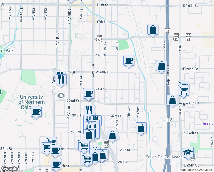 map of restaurants, bars, coffee shops, grocery stores, and more near 2040 7th Avenue in Greeley