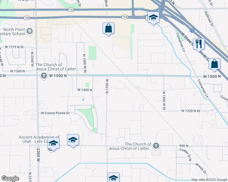 map of restaurants, bars, coffee shops, grocery stores, and more near 1627 West Boxwood Drive in Lehi