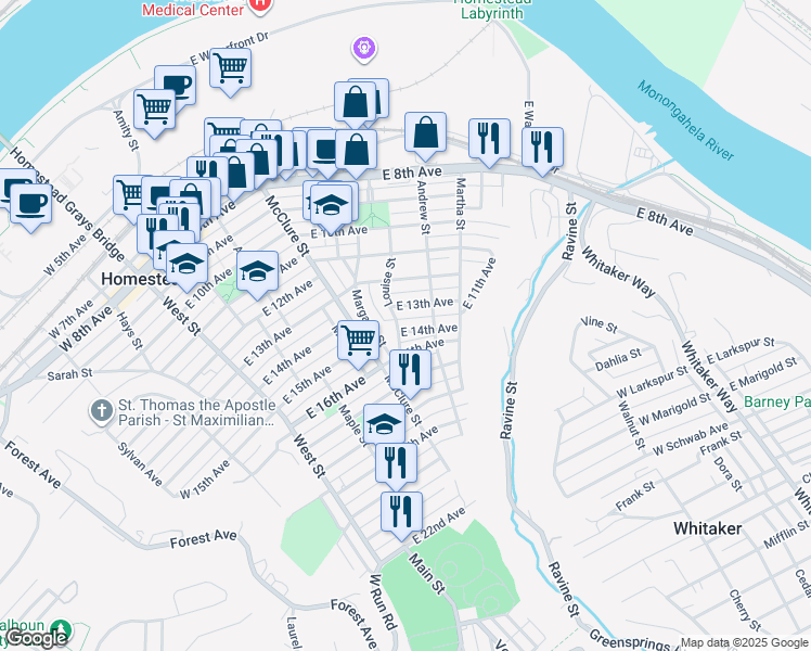 map of restaurants, bars, coffee shops, grocery stores, and more near 605 East 14th Avenue in Munhall
