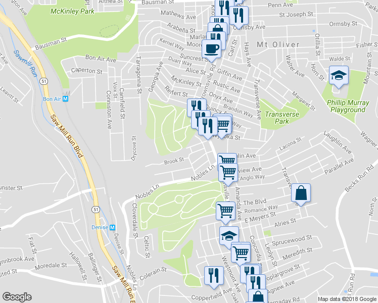 map of restaurants, bars, coffee shops, grocery stores, and more near 38 Minooka Street in Pittsburgh