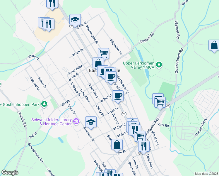 map of restaurants, bars, coffee shops, grocery stores, and more near 222 Main Street in East Greenville