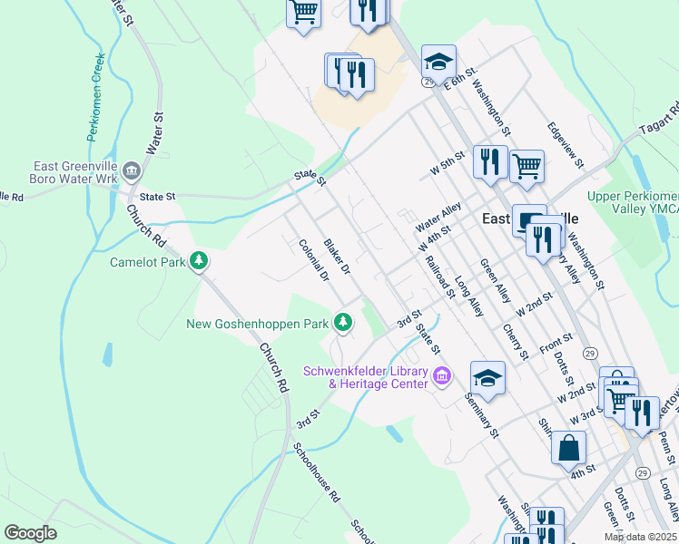 map of restaurants, bars, coffee shops, grocery stores, and more near 432 Blaker Drive in East Greenville