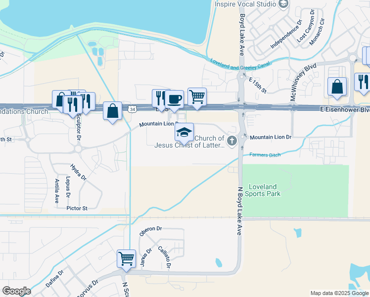 map of restaurants, bars, coffee shops, grocery stores, and more near 3500 Mountain Lion Drive in Loveland