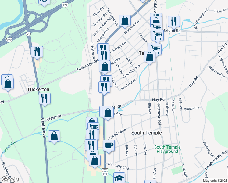 map of restaurants, bars, coffee shops, grocery stores, and more near 500 Shalter Avenue in Temple
