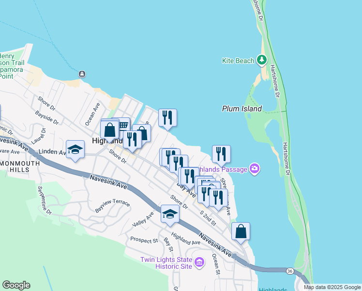 map of restaurants, bars, coffee shops, grocery stores, and more near 62 5th Street in Highlands