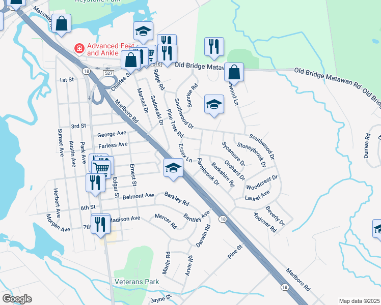 map of restaurants, bars, coffee shops, grocery stores, and more near 19 Essex Lane in Old Bridge