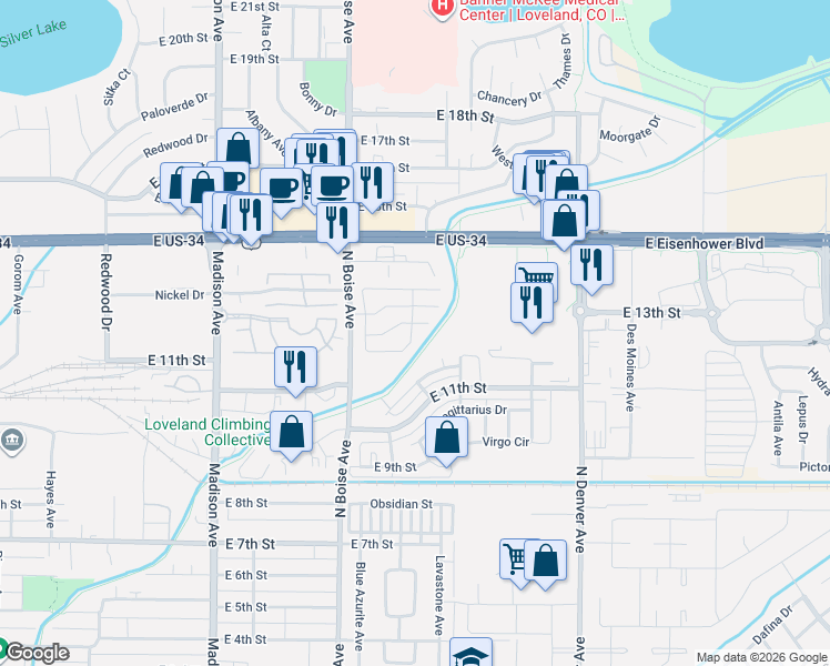 map of restaurants, bars, coffee shops, grocery stores, and more near 1222 Limestone Avenue in Loveland