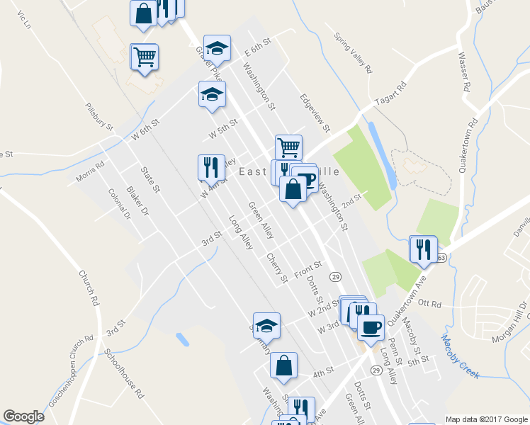map of restaurants, bars, coffee shops, grocery stores, and more near 204 3rd Street in East Greenville