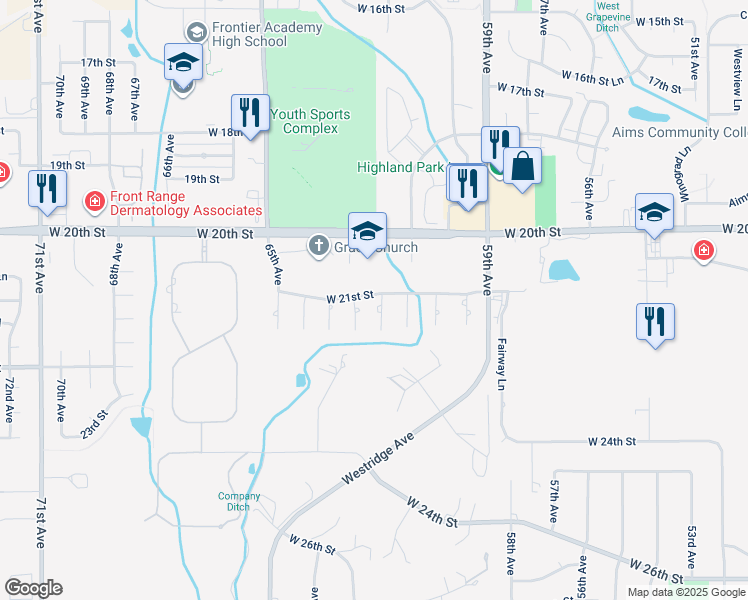 map of restaurants, bars, coffee shops, grocery stores, and more near 2114 62nd Avenue in Greeley