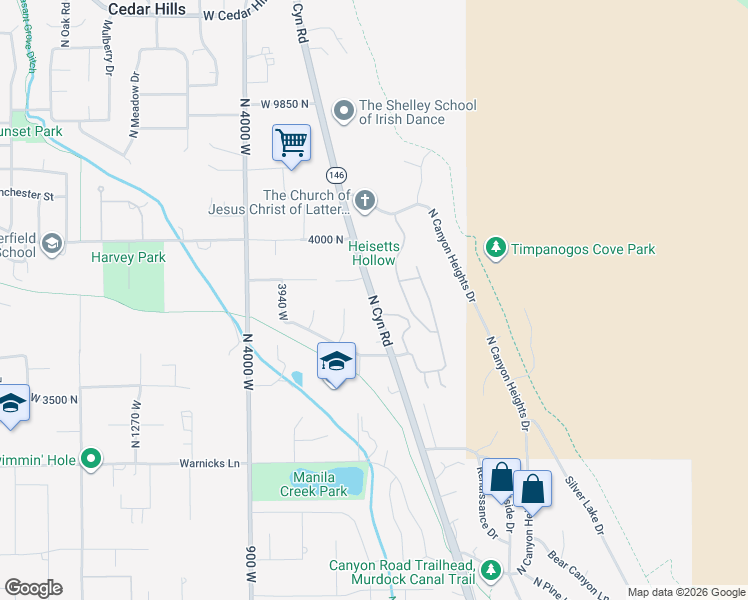 map of restaurants, bars, coffee shops, grocery stores, and more near 3862 Canyon Rd in Pleasant Grove