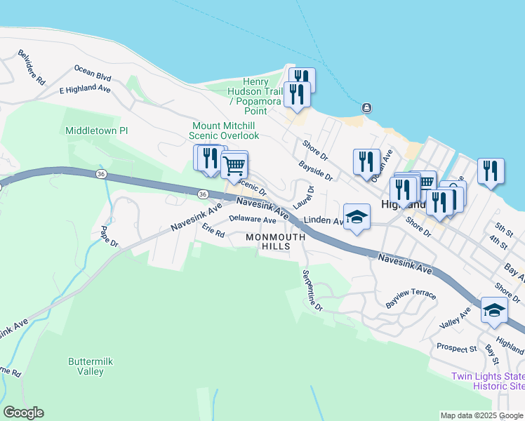 map of restaurants, bars, coffee shops, grocery stores, and more near 4 Huron Avenue in Atlantic Highlands