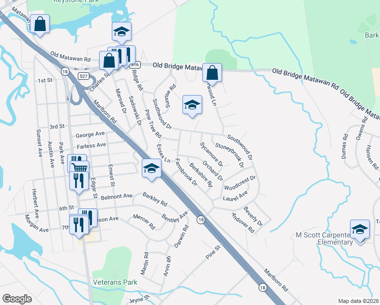map of restaurants, bars, coffee shops, grocery stores, and more near 20 Farmbrook Drive in Old Bridge