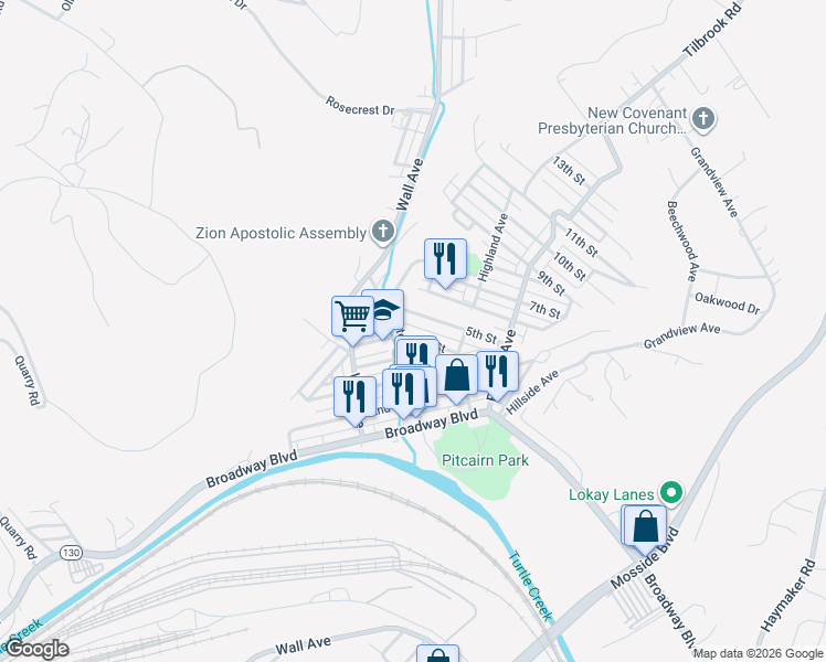 map of restaurants, bars, coffee shops, grocery stores, and more near 543 4th Street in Pitcairn
