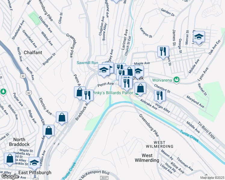 map of restaurants, bars, coffee shops, grocery stores, and more near 800 Penn Ave in Turtle Creek