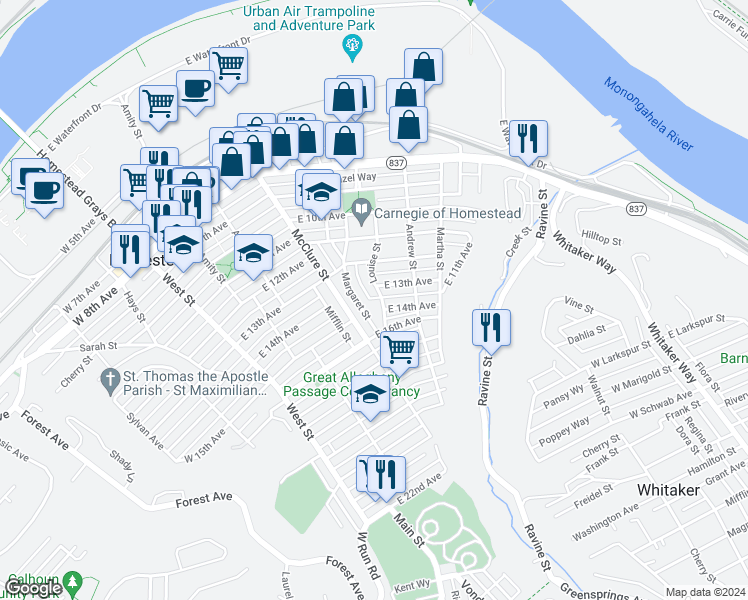 map of restaurants, bars, coffee shops, grocery stores, and more near 1402 Louise Street in Munhall