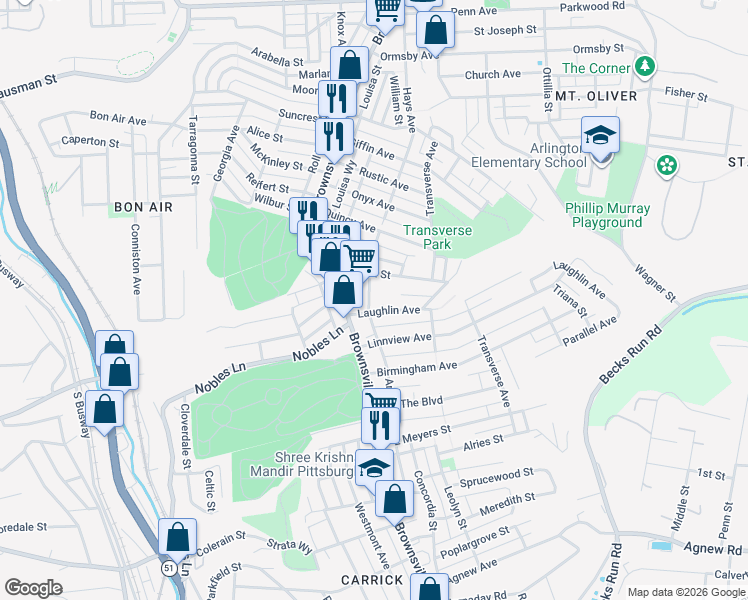 map of restaurants, bars, coffee shops, grocery stores, and more near 102 Laughlin Avenue in Pittsburgh