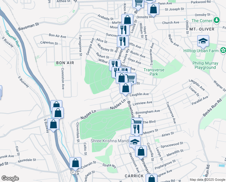 map of restaurants, bars, coffee shops, grocery stores, and more near 38 Minooka Street in Pittsburgh