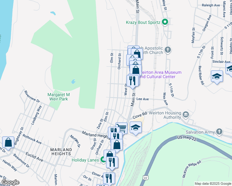 map of restaurants, bars, coffee shops, grocery stores, and more near 217 Lee Avenue in Weirton
