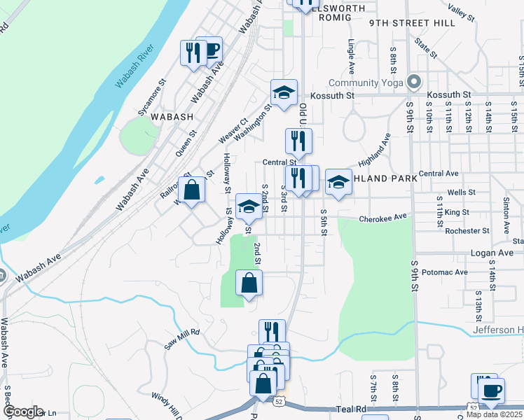map of restaurants, bars, coffee shops, grocery stores, and more near 1305 South 2nd Street in Lafayette