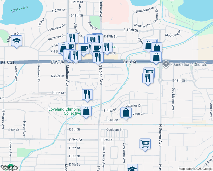 map of restaurants, bars, coffee shops, grocery stores, and more near 1798 Pearl Drive in Loveland