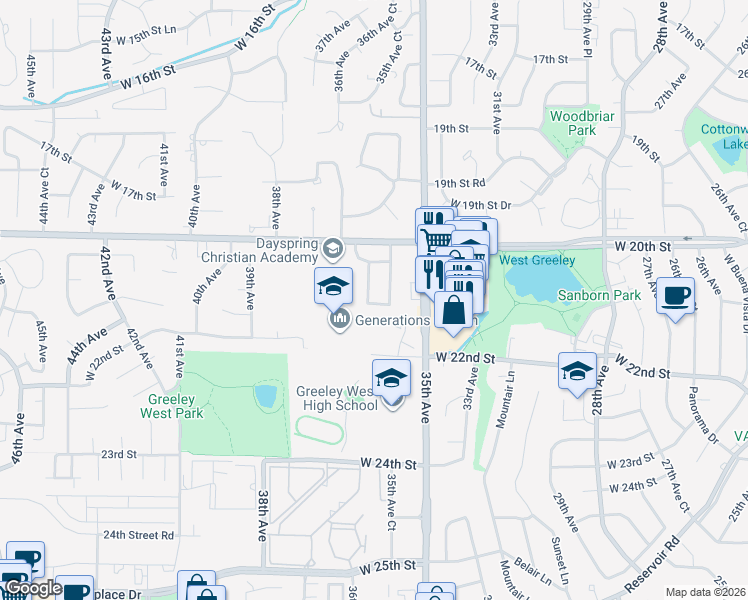 map of restaurants, bars, coffee shops, grocery stores, and more near 3590 West 21st Street Road in Greeley