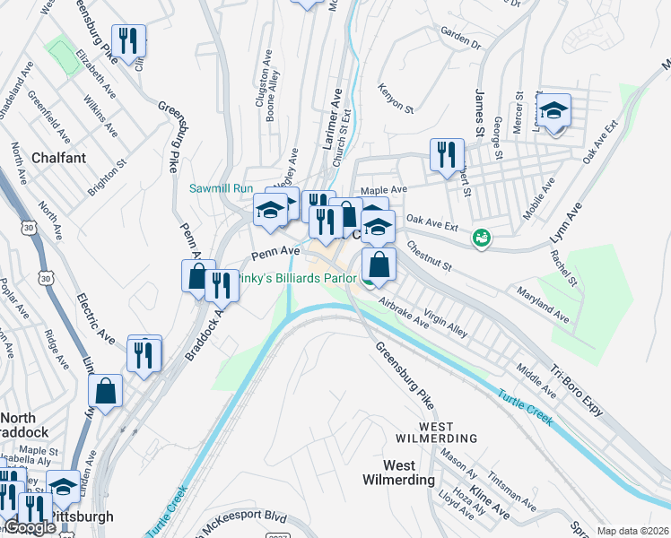 map of restaurants, bars, coffee shops, grocery stores, and more near 912 Penn Avenue Extension in Turtle Creek