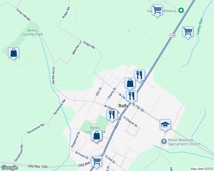 map of restaurants, bars, coffee shops, grocery stores, and more near 230 North 7th Street in Bally