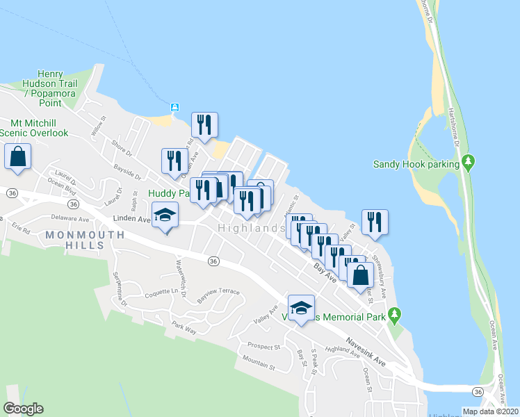 map of restaurants, bars, coffee shops, grocery stores, and more near 54 Seadrift Avenue in Highlands